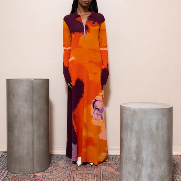 Rodebjer Dress Clemins Flame Abstract Art Polo Knit Collar Maxi Sz‎ S